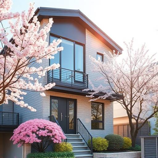 Modern house in Tokyo surrounded by cherry blossom trees