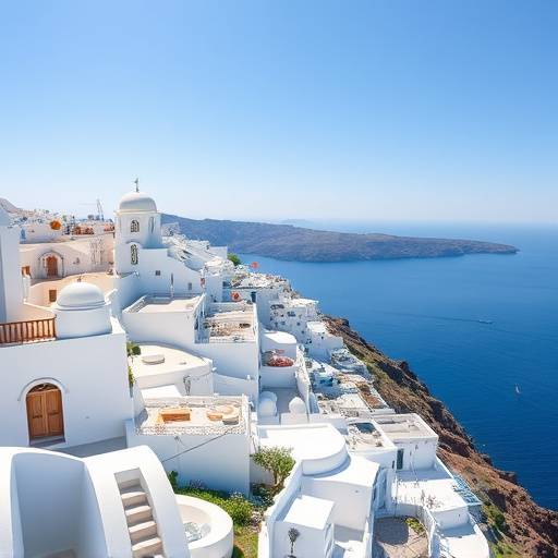 Picturesque white buildings overlooking the Aegean Sea in Santorini, Greece